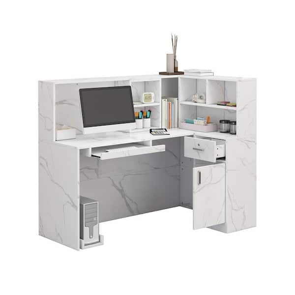 FUFU&GAGA 55.9 in. L Shaped Marble Color Wood Executive Desk Reception Computer Writing Desk W/Removable Shelves, Drawer, Cabinet