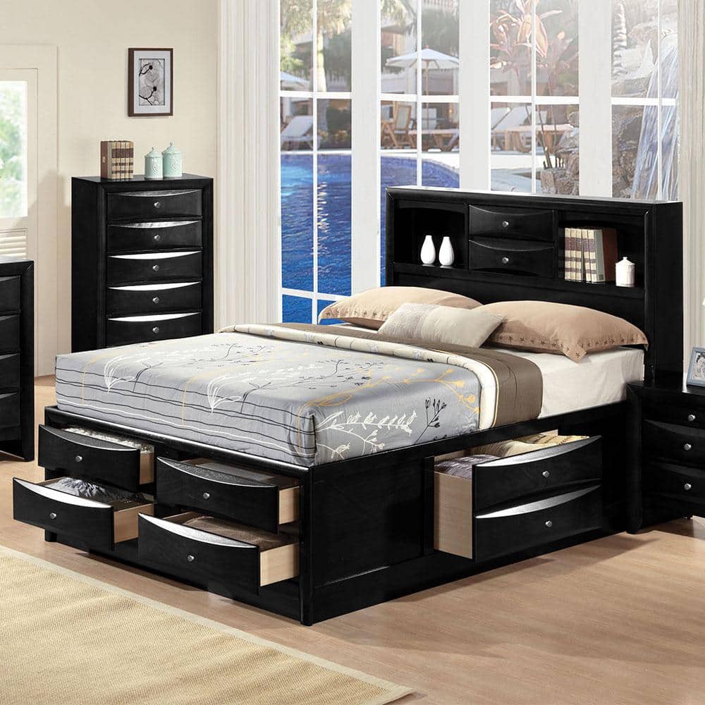 Transitional Black Queen Storage Bed with Nickel Accents and Bookcase Headboard