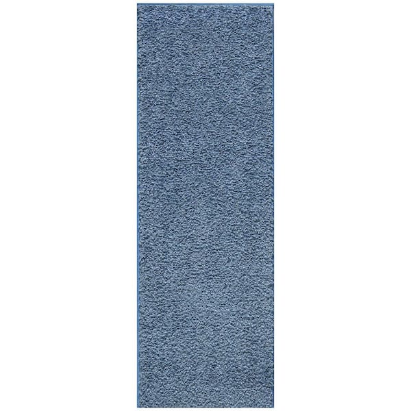 Ottomanson Shag Collection Non-Slip Rubberback Solid Soft Blue 1 ft. 8 in. x 4 ft. 11 in. Indoor Runner Rug