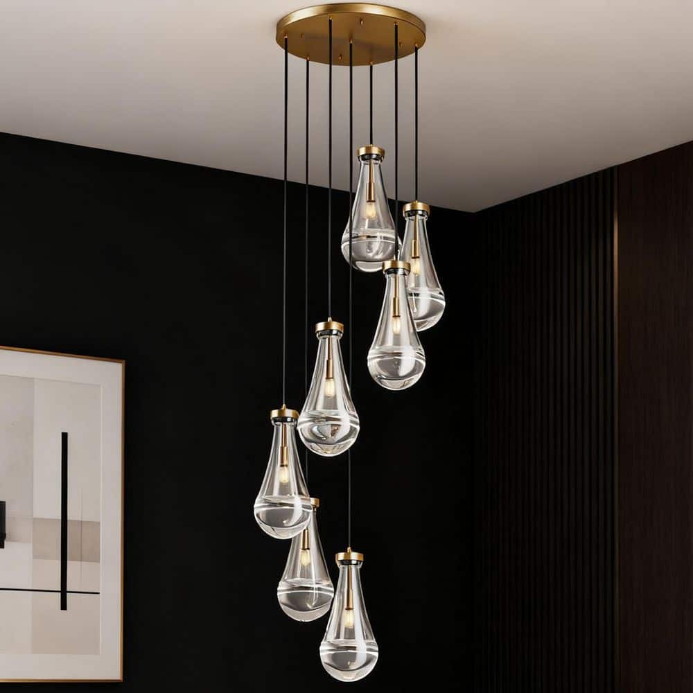 7-Lights Gold Chandelier Light Fixture, 100 in. H Dining Room Pendant Light, 7-Raindrop Glass Shades, Bulbs Not Included price history on PriceWatchPro