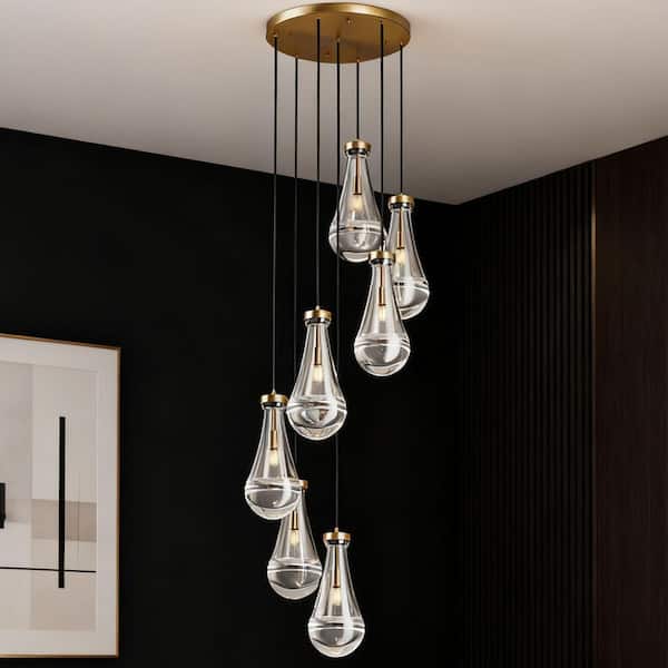 7-Lights Gold Chandelier Light Fixture, 100 in. H Dining Room Pendant Light, 7-Raindrop Glass Shades, Bulbs Not Included