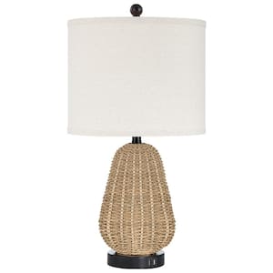 23.5 in. Brown Rattan USB Table Lamp with Linen Lampshade