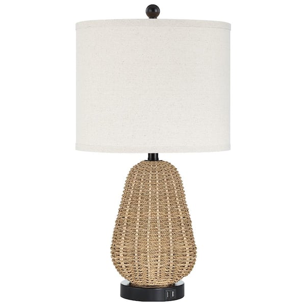 Cinkeda 23.5 in. Brown Rattan USB Table Lamp with Linen Lampshade