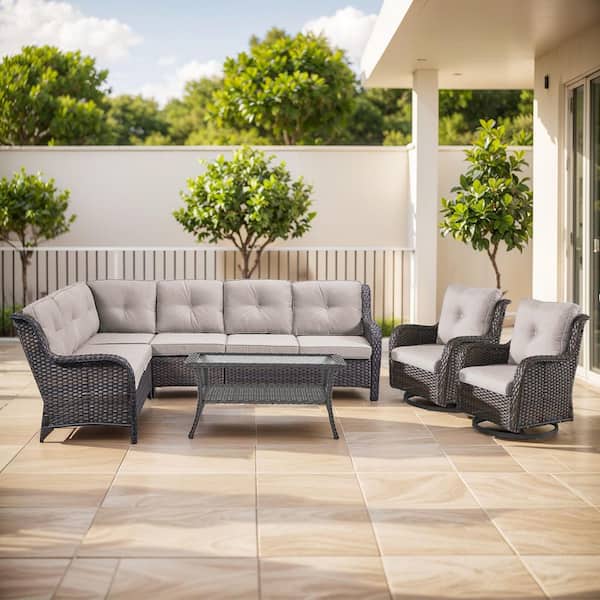 moosprr 5-Piece Brown Wicker Patio Conversation Set with Olefin Beige Cushion/L-Shaped Sofa with Coffee Table/Swivel Patio Chair