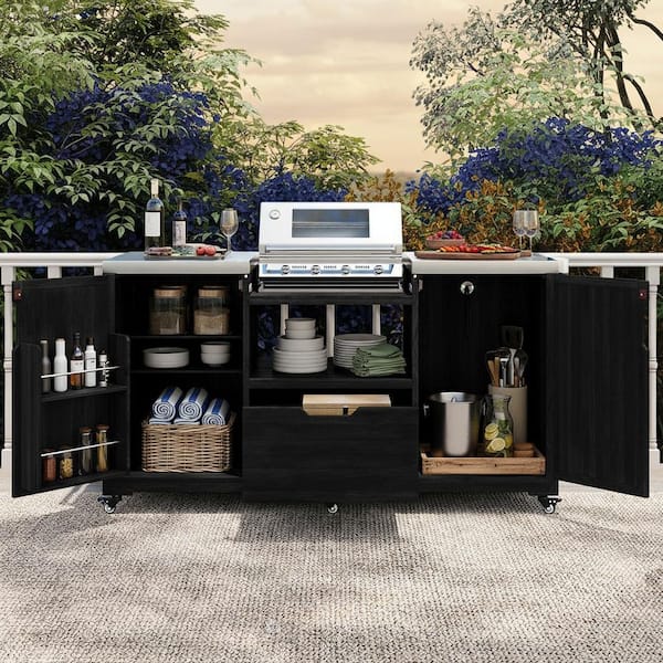 Farmhouse Black Steel 66.5 in. Outdoor Patio Internal Rack Kitchen Island Compatible 21 in. Big Grills with Drawer