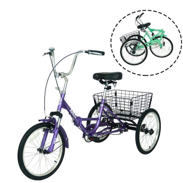 HOTEBIKE Foldable 20 in. 3 Wheel Folding Tricycle Bikes with Shopping Basket for Seniors