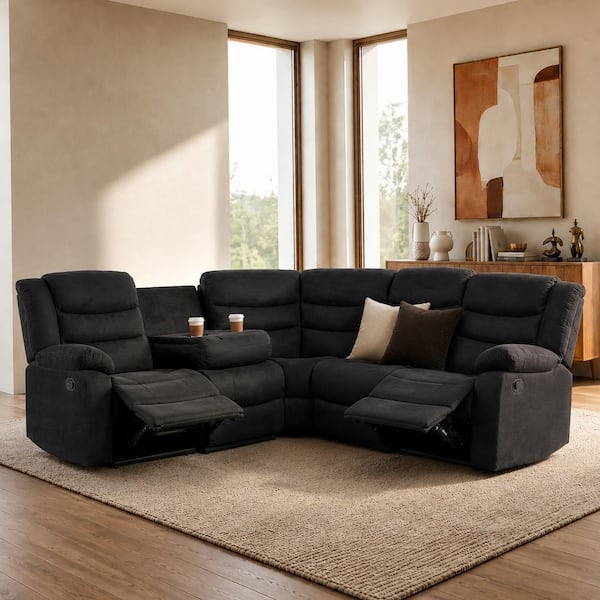 Luna 82 in. 5-Seater Fabric Manual Recliner Sectional Sofa with Drop-Down Table and Cup Holders in Black