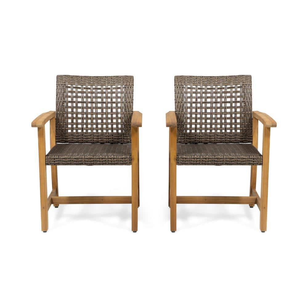 Teak Brown and Mixed Mocha Woven Wood Dining Armchair Pair