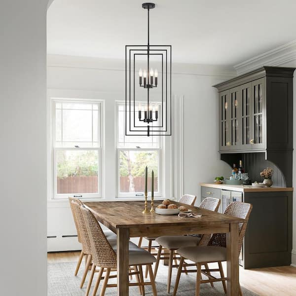 8-Light Black Candlestick Rustic Sputnik Light Hanging Linear Chandelier Lighting for Kitchen Island