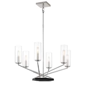 Highland Crossing 6-Light Polished Nickel and Black Candlestick Chandelier with Clear Glass Shades