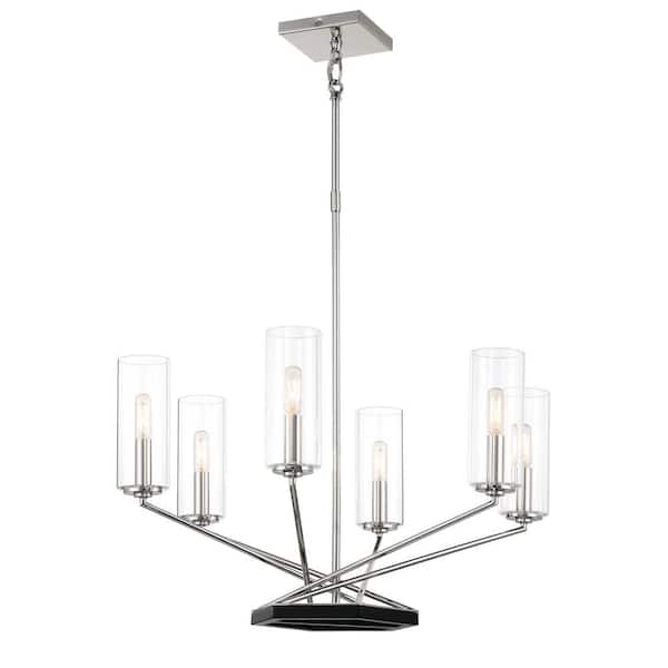 Minka Lavery Highland Crossing 6-Light Polished Nickel and Black Candlestick Chandelier with Clear Glass Shades