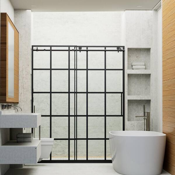 Staykiwi 60 in. W x 76 in. H Sliding Semi-Frameless Shower Door in Matte Black Finish with Patterned Glass