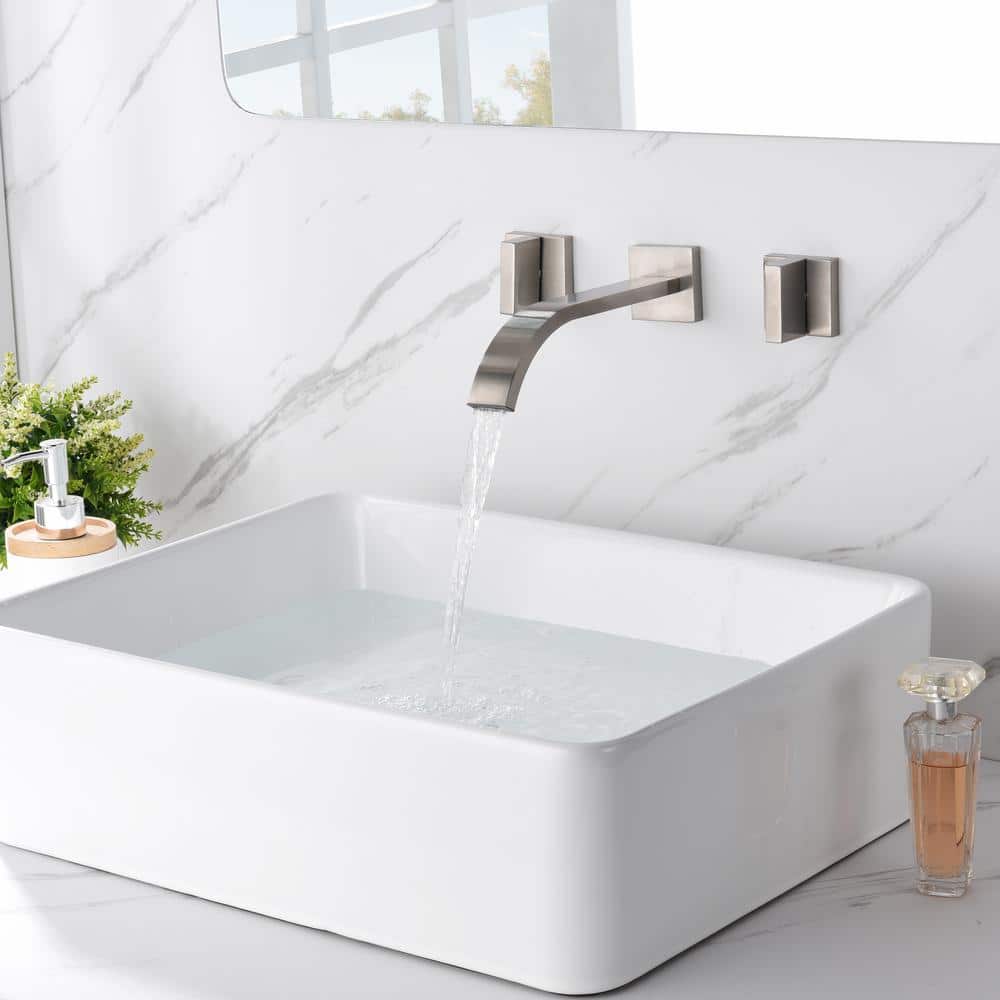 Brushed Nickel Wall Mount Double Handle Bathroom Faucet