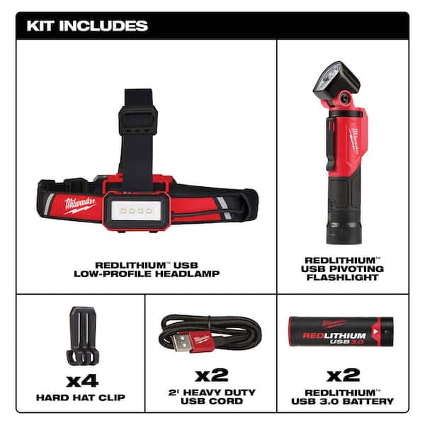 500 Lumens LED Pivoting REDLITHIUM USB Flashlight with 600 Lumens LED USB Low-Profile Hard Hat Headlamp (2-Pack)