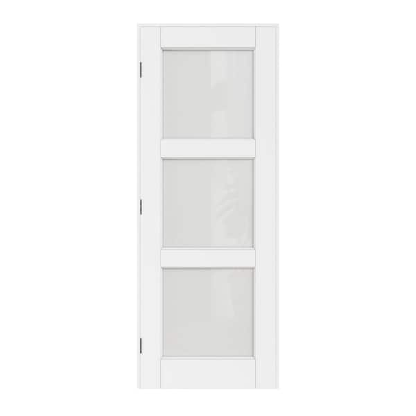 32 in. x 80 in. 3-Lite Frosted Glass Right White Solid Core Wood Single Prehung Interior Door with Quick Assemble Jamb