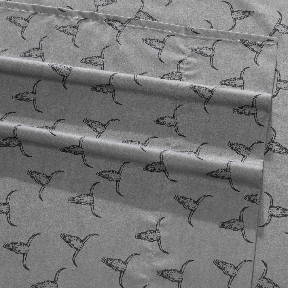 Gray Microfiber Queen Sheet Set with Steer Skull Print
