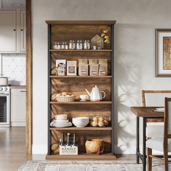 70.87 in. Tall Brown & Black Wood 5-Shelf Standard Bookcase, Freestanding Open Storage Shelves with Metal Frame
