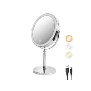 8 in. Double Sided Lighted Vanity Makeup Mirror with 360° Rotation Touch Dimmable Rechargeable LED Mirror in Chrome