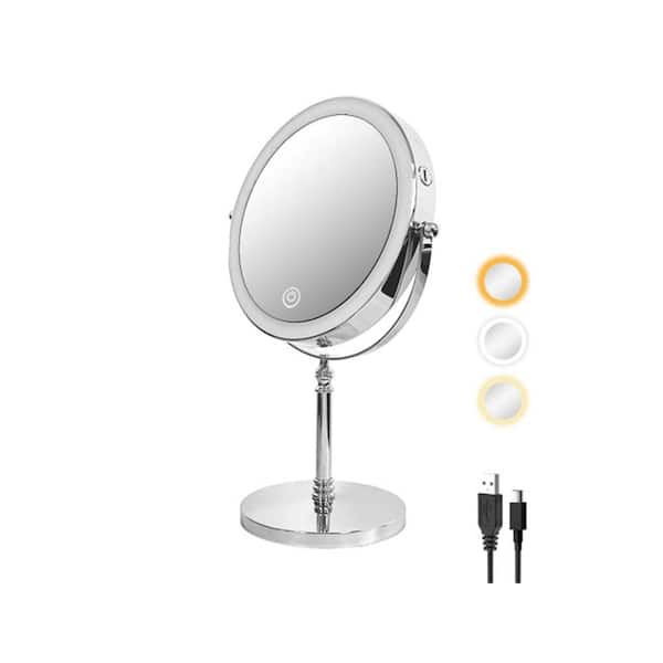 Adrinfly 14 in. H Round Tabletop Double Sided Bathroom Makeup Mirror with LED Light Rechargeable and Touch Dimmable, Chrome