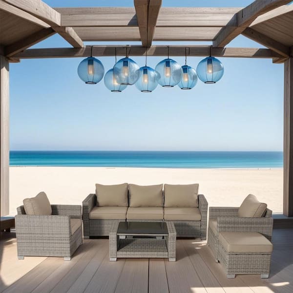 Unbranded 7 -Piece Gray Wicker Outdoor Conversation Sectional Set with Gray Cushions, Coffee Table and Ottoman