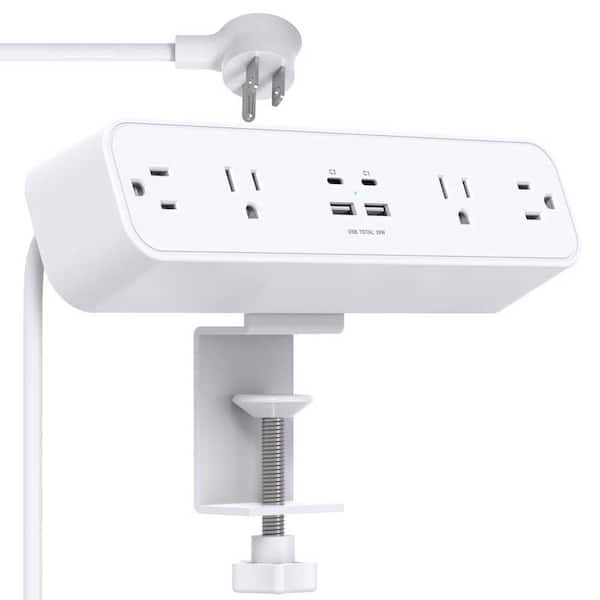 4-Outlet Desk Clamp Power Strip Surge Protector, Fast Charging Station with 4USB Ports 2USB-C, 5ft Extension Cord, White