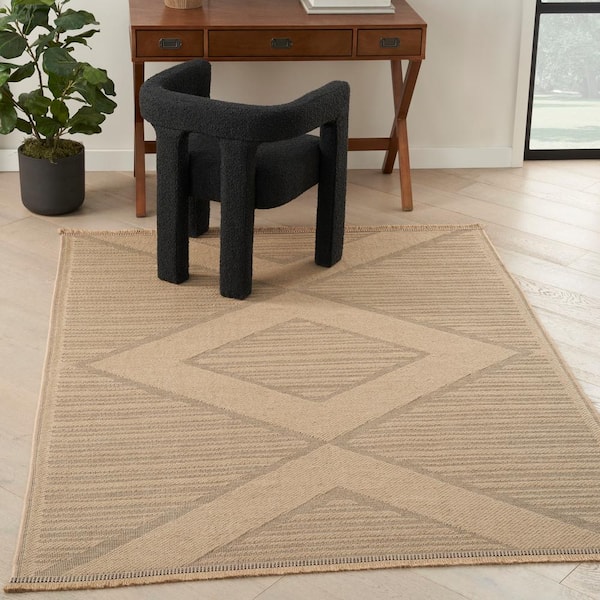 Washable Jute Natural Beige 5 ft. x 7 ft. Geometric Diamond Contemporary Area Rug