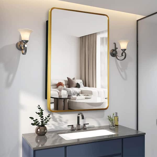 Unbranded Gold Framed 20 in. W x 28 in. H Rectangular Iron Surface/Recessed Medicine Cabinet with Mirror