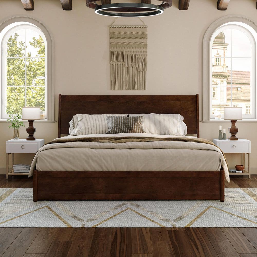 Casanova Dark Walnut King Wood Platform Bed with Storage Drawers