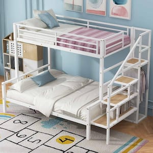 White Twin over Full Size Metal Bunk Bed with Storage Staircase and Open Wardrobe