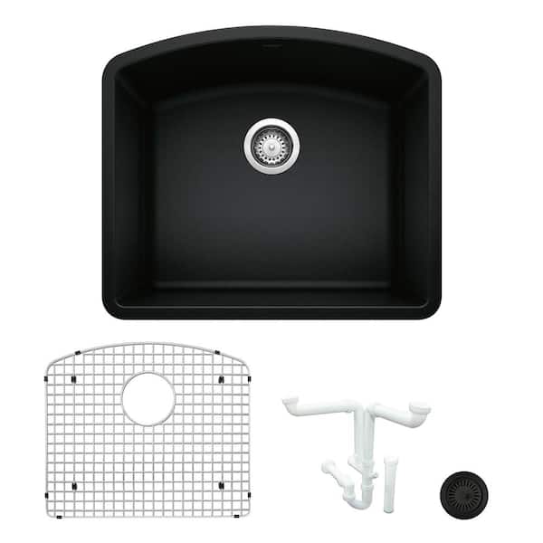 Blanco Diamond 24 in. Undermount Single Bowl Coal Black Granite Composite Kitchen Sink Kit with Accessories