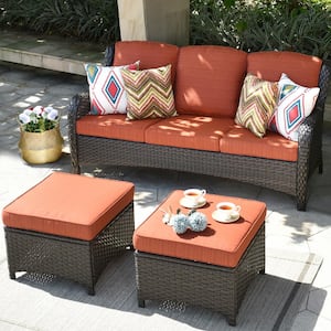 Joyoung Brown 3-Piece Wicker outdoor Patio Sectional Conversation Seating Set with Orange Red Cushions