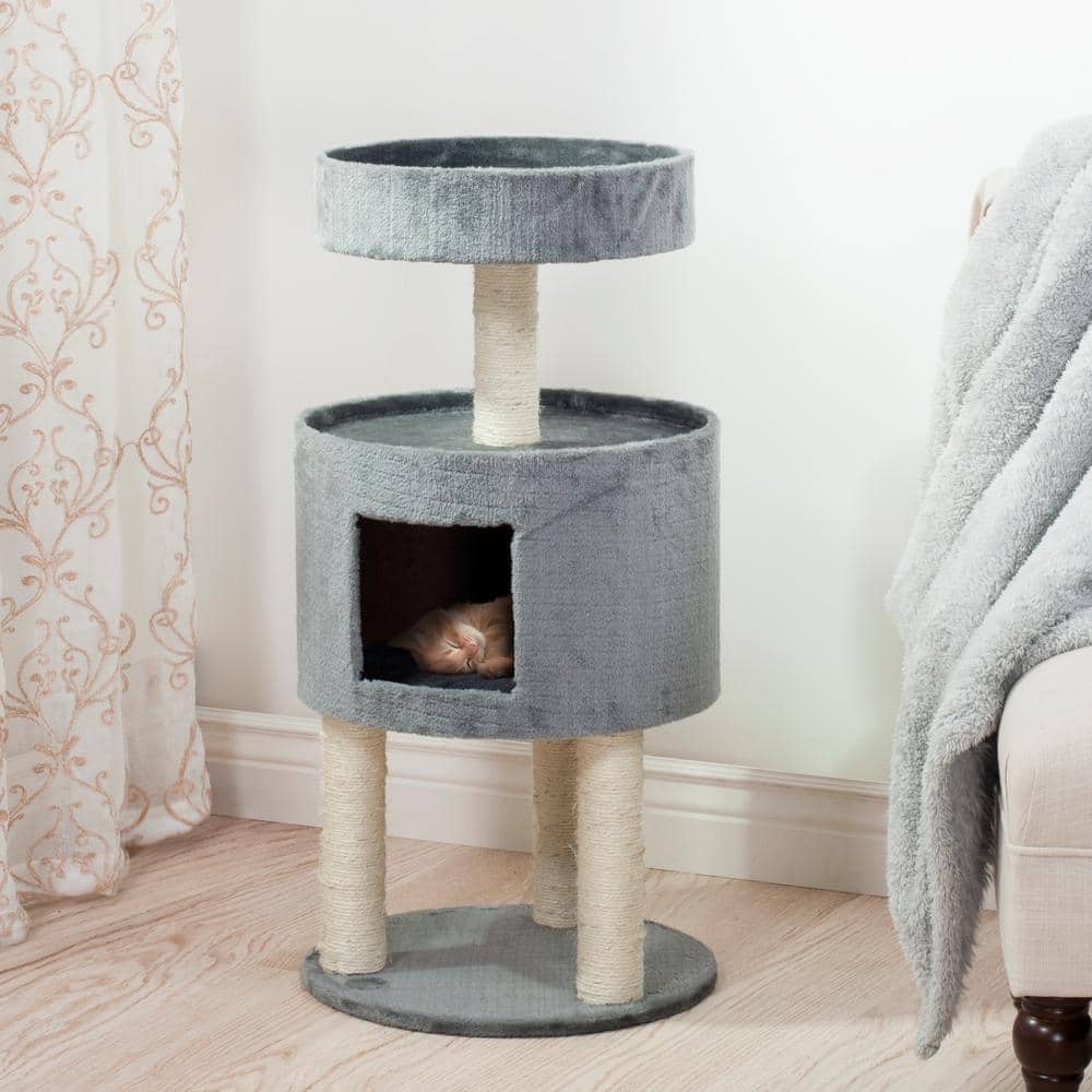 Gray Sisal Rope Cat Condo with Overhead Balcony