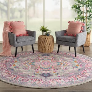Passion Light Grey/Pink 8 ft. x 8 ft. Persian Medallion Transitional Round Area Rug