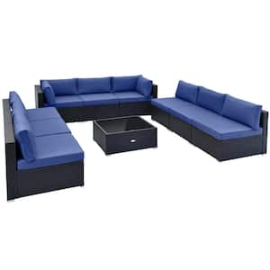 10-Piece Wicker Patio Conversation Set with Seat and Back Navy Cushions Functional Coffee Table