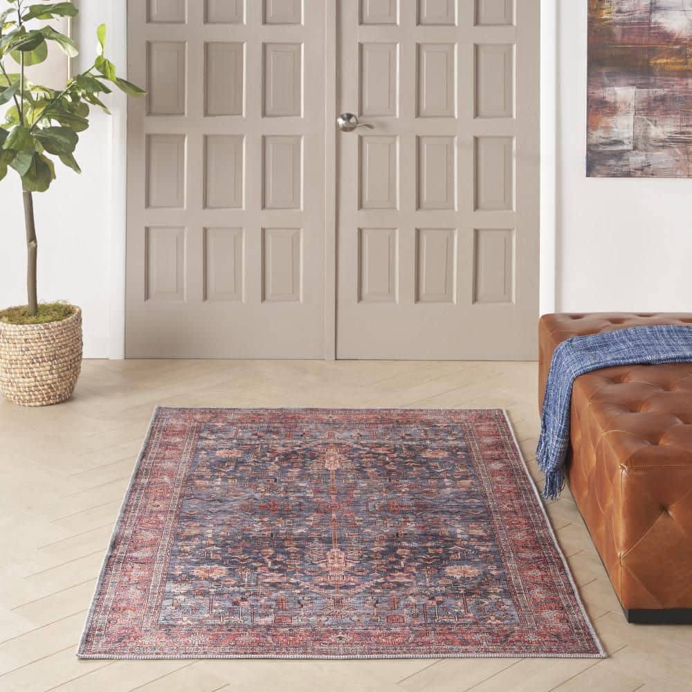 Navy and Brick Vintage Washable Wool Blend 4' x 6' Area Rug