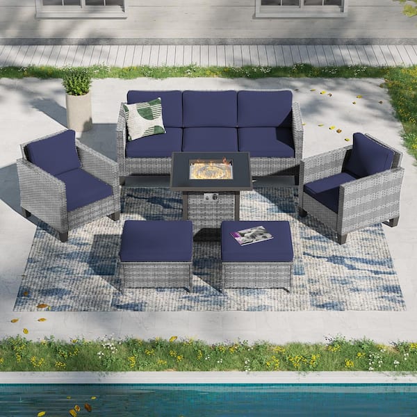 6 Pieces Patio Conversation Set with Square Fire Pit Table and Ottomans, PE Gray Wicker Sofa with Navy Blue Cushion