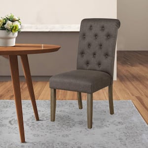 Brown Fabric Rolled Button Tufted Back Dining Chair (Set of 2)