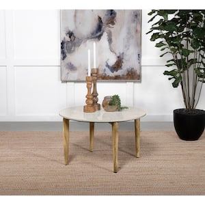 Aldis 30 in. White and Natural Round Marble Top Coffee Table