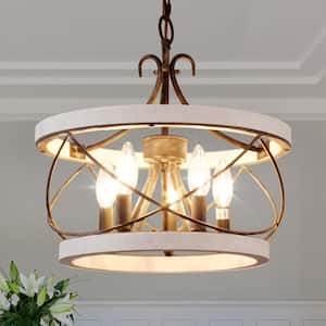 Mid-Century 5-Light White Caged Distressed Ceiling Light Chandelier with Dimmable Length