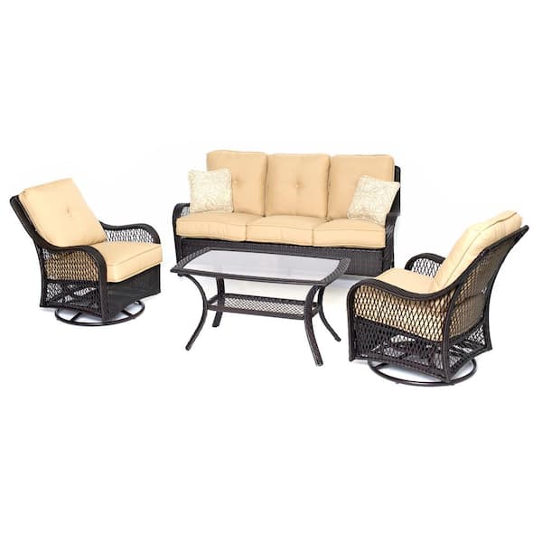 Hanover Orleans Brown 4-Piece All-Weather Wicker Patio Deep Seating Set w/ Sahara Sand Cushions, 4 Pillows, Glass Coffee Table