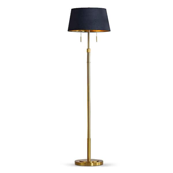 HomeGlam Grande 68 in. Brushed Brass 2-Lights Adjustable Height Standard Floor Lamp with Empire Black/Gold Inner Shade