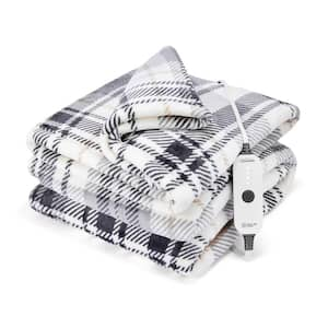 Electric Throw Nordic Velvet Sherpa Extra-Long Heated Blanket, Herring Plaid Grey Color, 50 in. x 72 in.