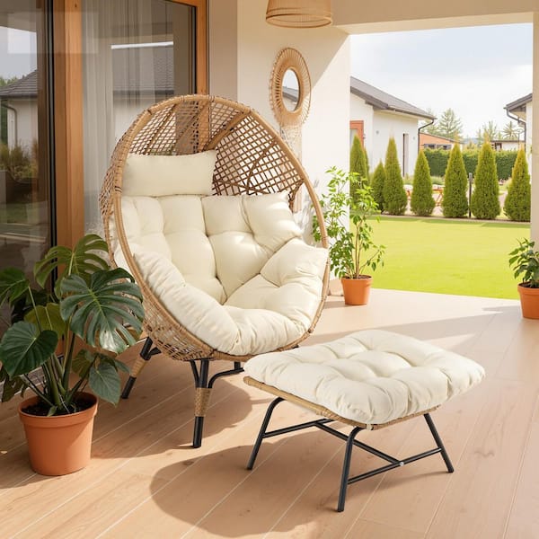 PE Wicker Indoor Outdoor Lounge Egg Chair with Beige Cushion and Ottoman