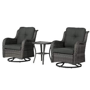 2-Piece Patio Swivel Wicker Outdoor Rocking Chairs with Dark Gray Cushion and Side Table Sets for Porch Deck (Set of 2)