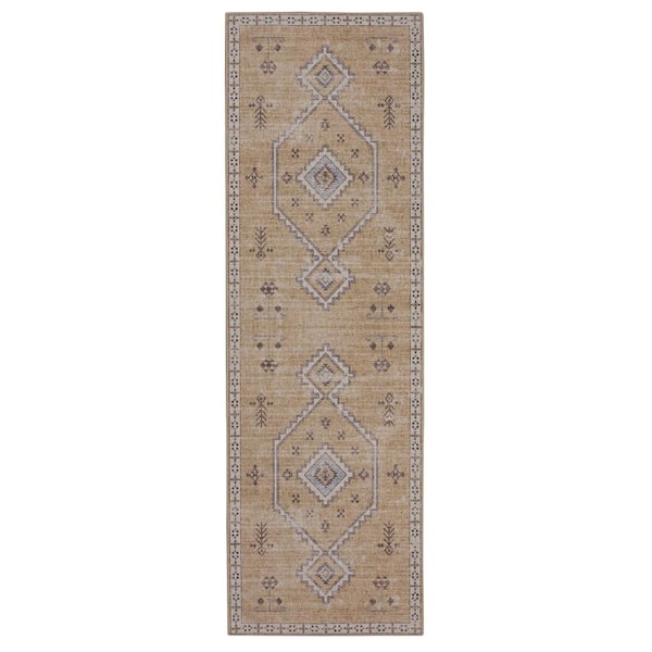 Park Harlow Sand and Ivory 2.6' x 8' Traditional Woven Distressed Polyester Rectangle Indoor Accent Area Runner Rug