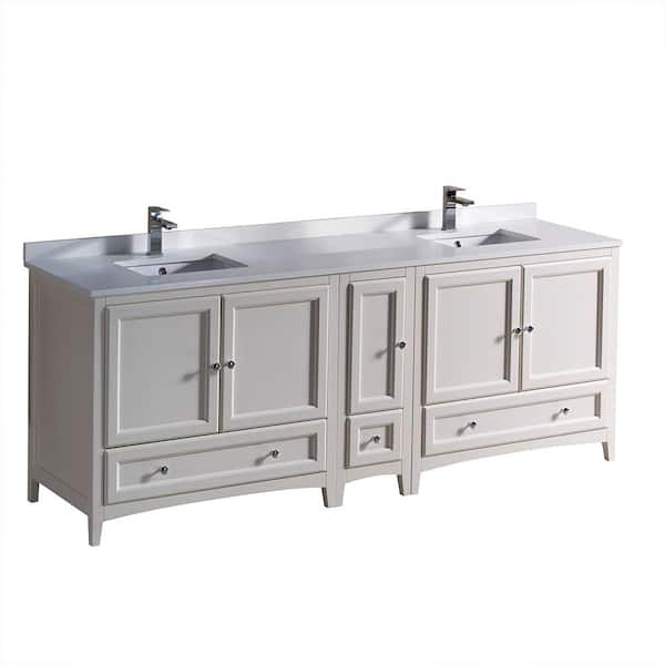 Fresca Oxford 84 in. Double Vanity in Antique White with Quartz Stone Vanity Top in White with White Basin with Side Cabinet
