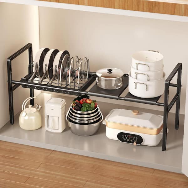 1 Tier Black Expandable Pots and Pans Organizer Under Cabinet, Adjustable Height Kitchen Pot and Pan Lid Holder Rack