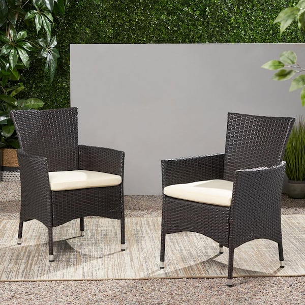 Zeus & Ruta Brown Multi Wicker Outdoor Dining Chair with Beige Cushions for Reception Rooms, Living and Lounge Areas, Set of 2,