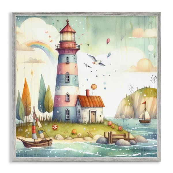 Stupell Industries Lighthouse Cottage Scenery by LSR Design Studio Gray Framed Coastal Giclee Art Print 17 in. x 17 in.