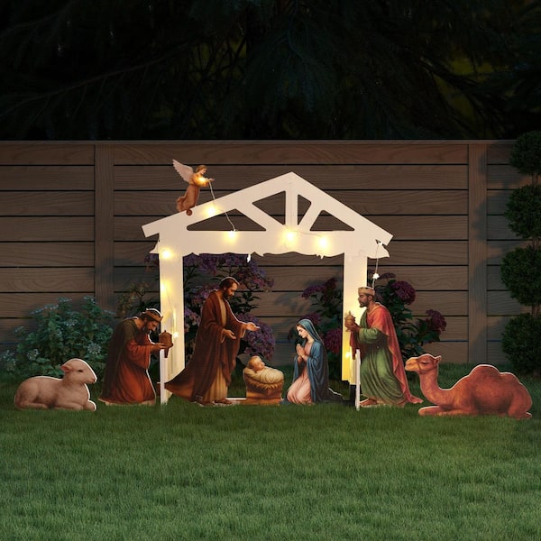Outdoor LED Nativity Set, 3D Holy Family Christmas Nativity Scene w/ 20-LED Lights, Holiday Yard Garden Stake Decoration